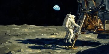 Pintura digital cinematográfica de um astronauta descendo a escada do módulo lunar e pisando na superfície da Lua, com a Terra visível no céu negro.