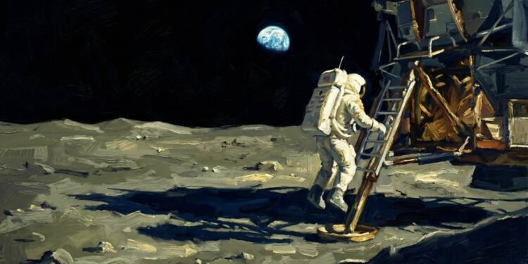 Pintura digital cinematográfica de um astronauta descendo a escada do módulo lunar e pisando na superfície da Lua, com a Terra visível no céu negro.