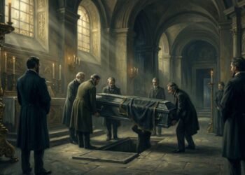 Pintura a óleo digital mostrando um caixão de chumbo sendo baixado solenemente em uma cripta no Panteão de Paris, simbolizando o enterro de Marie Curie.