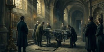 Pintura a óleo digital mostrando um caixão de chumbo sendo baixado solenemente em uma cripta no Panteão de Paris, simbolizando o enterro de Marie Curie.