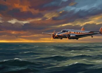 Lockheed Electra 10E prateado de Amelia Earhart voando sobre as águas escuras do Oceano Pacífico durante um pôr do sol dramático.