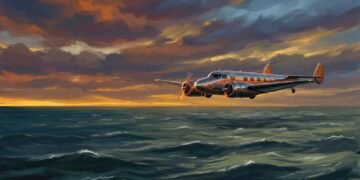 Lockheed Electra 10E prateado de Amelia Earhart voando sobre as águas escuras do Oceano Pacífico durante um pôr do sol dramático.