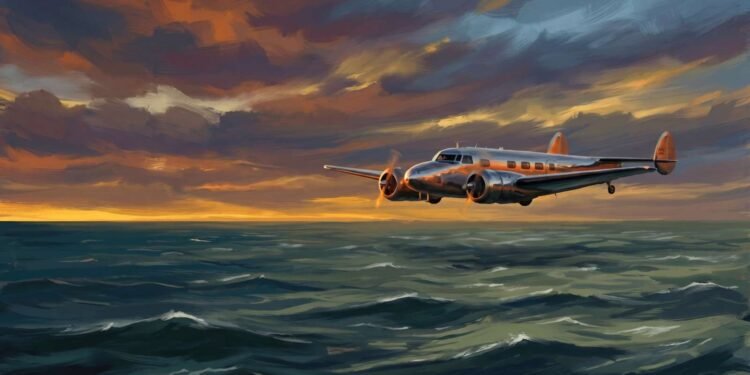 Lockheed Electra 10E prateado de Amelia Earhart voando sobre as águas escuras do Oceano Pacífico durante um pôr do sol dramático.
