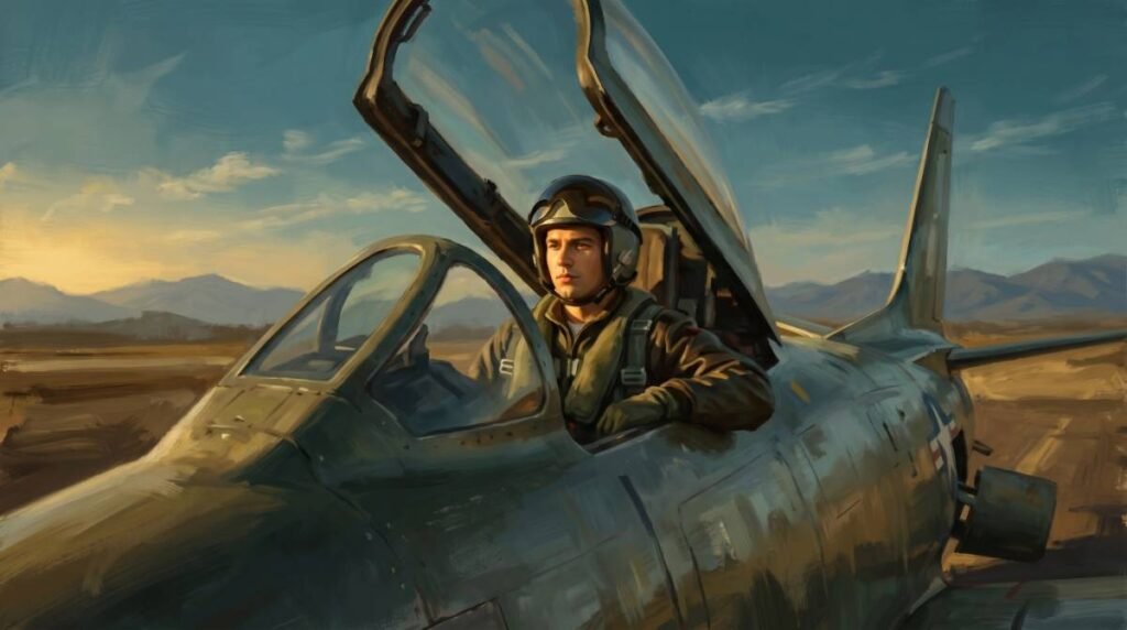 Pintura a óleo representando Neil Armstrong como um jovem piloto militar no cockpit de um jato de combate da era da Guerra da Coreia, com expressão focada.