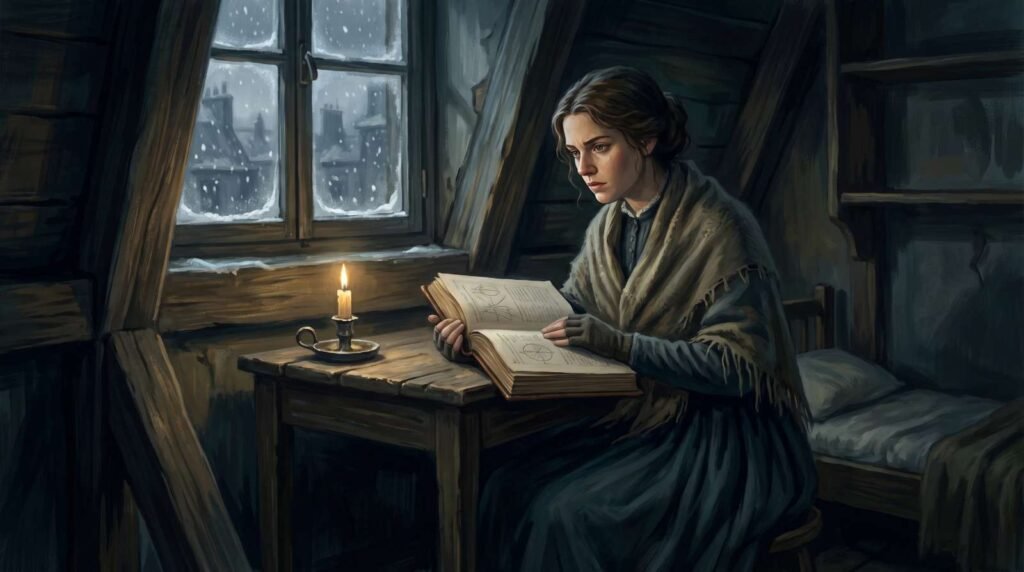 Pintura a óleo digital de uma jovem Marie Curie estudando à luz de velas em um quarto congelante em Paris durante o inverno.
