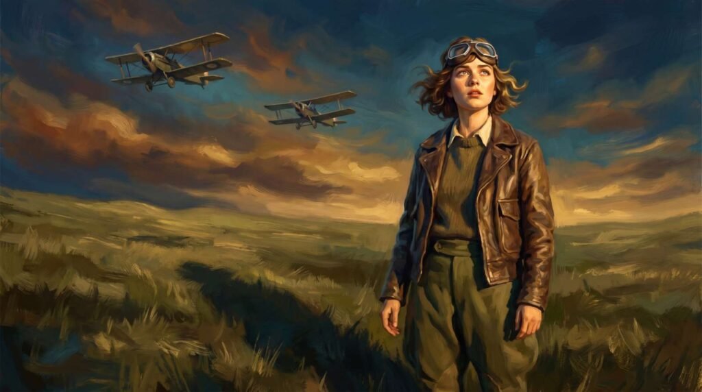 Jovem Amelia Earhart com jaqueta de couro olhando inspirada para o céu onde dois biplanos antigos voam em formação.