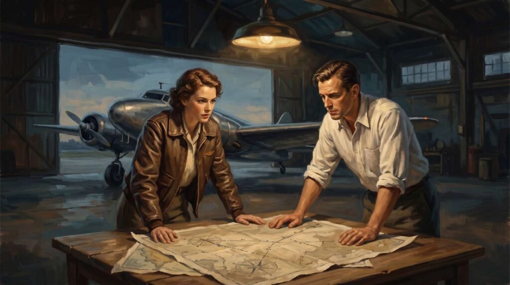 Amelia Earhart e o navegador Fred Noonan estudando mapas de navegação em uma mesa de madeira dentro de um hangar com o avião ao fundo.