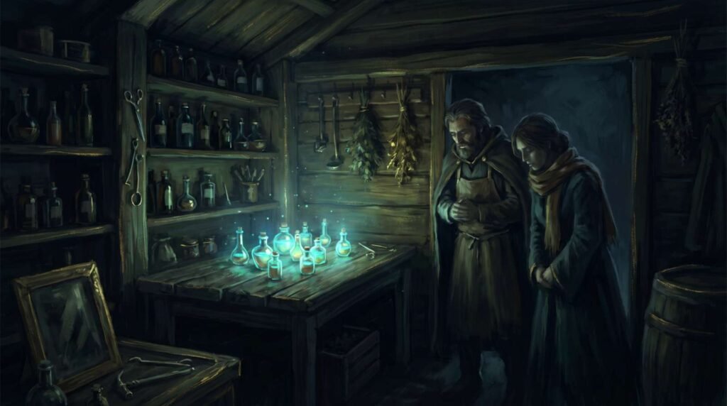 Pintura a óleo digital do laboratório de Marie e Pierre Curie, mostrando pequenos frascos de vidro emitindo um brilho azul-esverdeado no escuro.