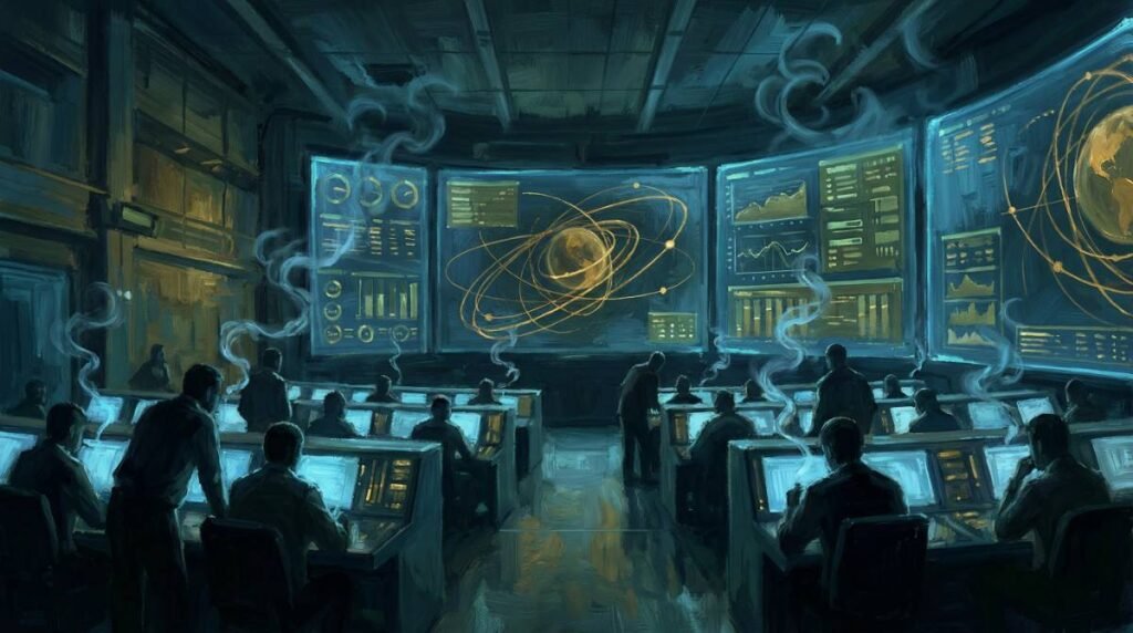 Pintura digital da sala de controle de missão da NASA, cheia de engenheiros de costas olhando para grandes telas iluminadas.