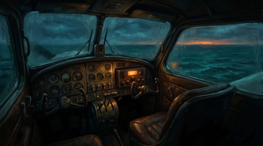 Interior escuro e tenso do cockpit do avião de Amelia Earhart iluminado pelo rádio enquanto voa sobre o oceano escuro.