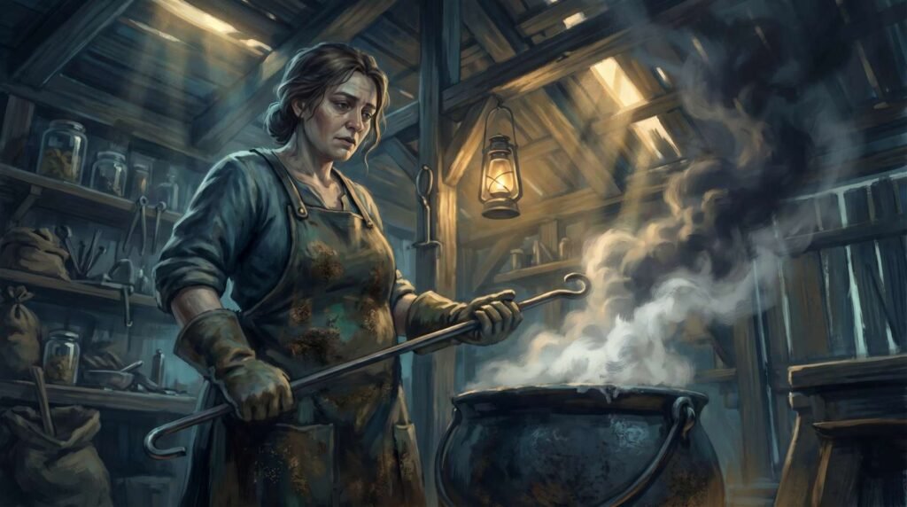 Pintura a óleo digital de Marie Curie usando um avental pesado, mexendo um grande caldeirão fervente de pechblenda em seu laboratório.
