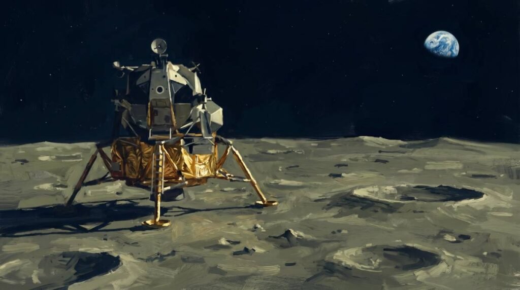 Ilustração do módulo lunar Eagle pousado na superfície desolada da Lua, com longas sombras e a Terra ao fundo.