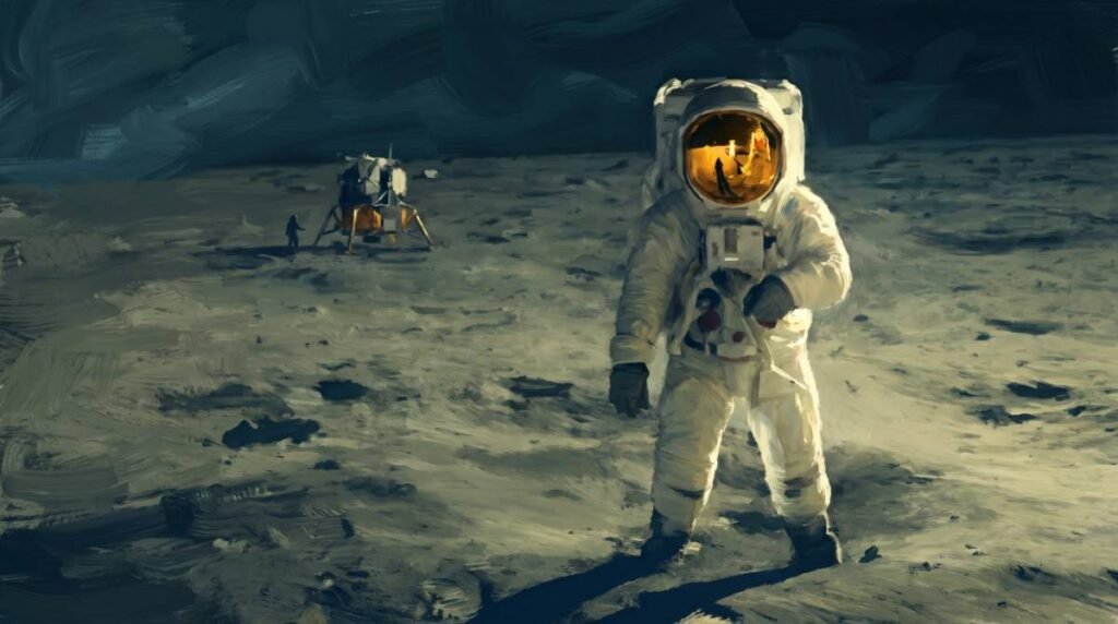 Pintura digital de um astronauta caminhando na Lua, com o reflexo do módulo lunar visível em seu visor dourado.