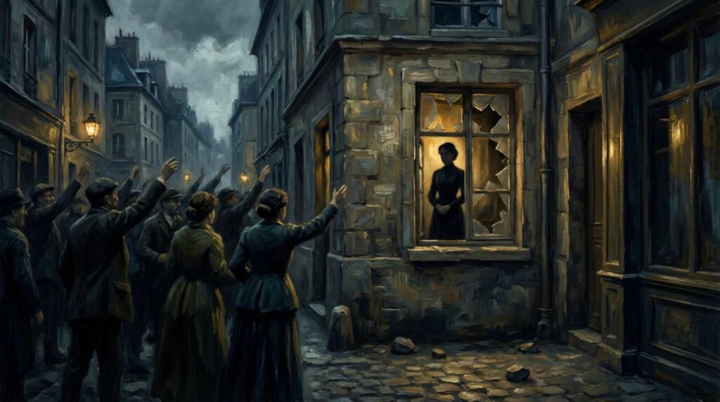 Pintura a óleo digital de uma multidão furiosa jogando pedras na janela da casa de Marie Curie em Paris durante o escândalo Langevin.