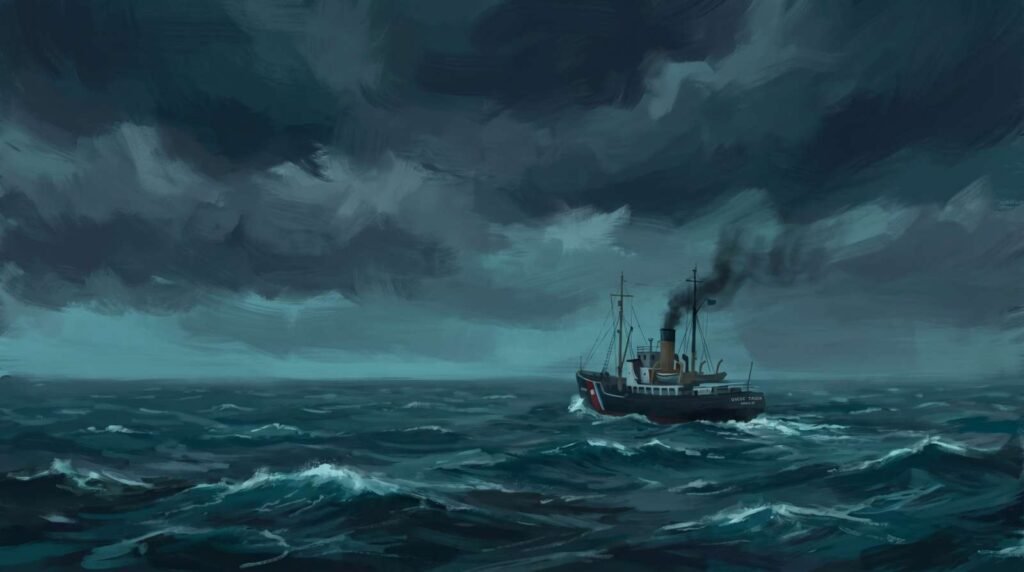 Navio cortador USCGC Itasca navegando solitário nas águas agitadas e escuras do Oceano Pacífico sob um céu tempestuoso.