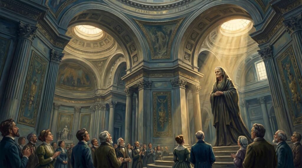 Pintura a óleo digital de Marie Curie como uma figura reverenciada, banhada por uma luz dourada dentro do Panteão de Paris.