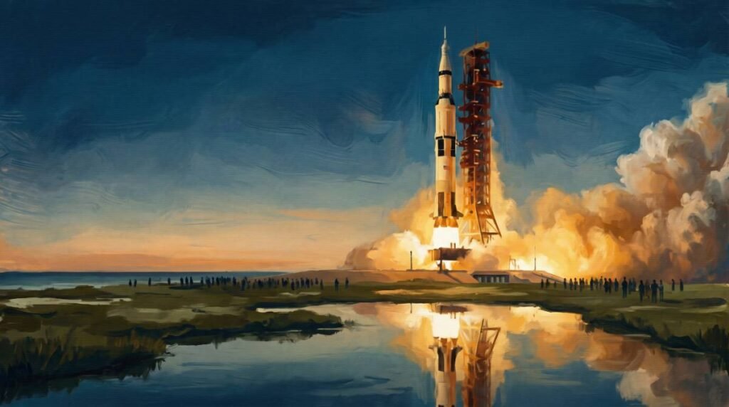 Pintura a óleo do colossal foguete Saturno V sendo lançado ao amanhecer, com fogo e fumaça massivos.
