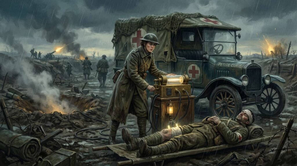 Pintura a óleo digital de Marie Curie operando uma máquina de raio-X portátil ao lado de uma ambulância em um campo de batalha lamacento da Primeira Guerra Mundial.