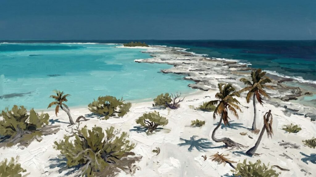 Costa desolada e ensolarada do atol de coral de Nikumaroro com areia branca, lagoa turquesa e vegetação escassa.