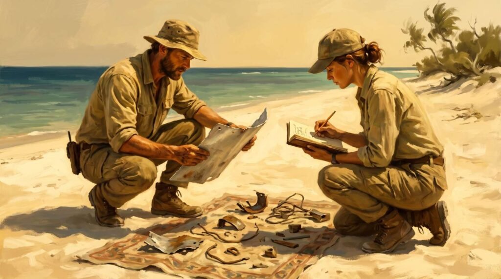 Dois arqueólogos modernos examinando cuidadosamente fragmentos de metal e artefatos antigos na areia branca de uma praia tropical.