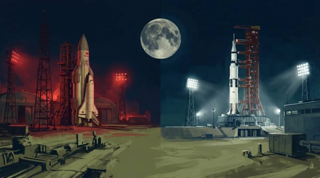 Pintura digital com composição dividida mostrando um foguete soviético vermelho de um lado e um foguete americano branco do outro, com a Lua no centro.