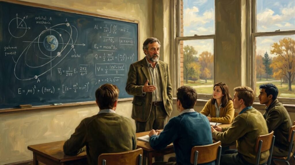 Pintura a óleo de um homem mais velho ensinando engenharia diante de um quadro-negro cheio de equações, em uma sala de aula iluminada pelo sol.
