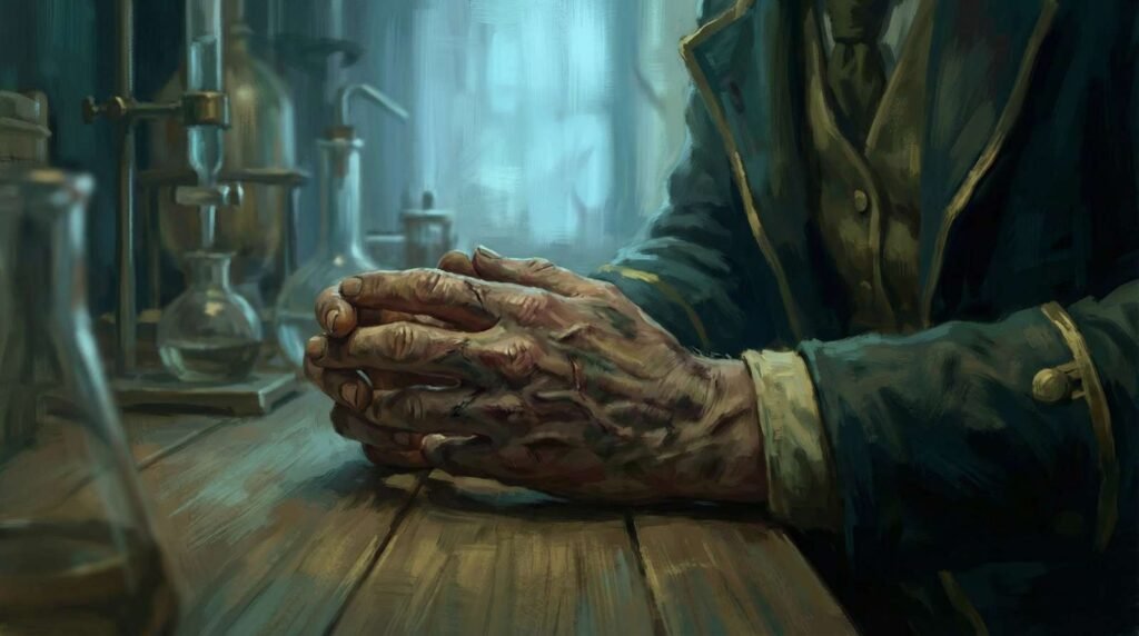 Pintura a óleo digital mostrando em close-up as mãos com cicatrizes e queimaduras de Marie Curie descansando em uma mesa de laboratório.