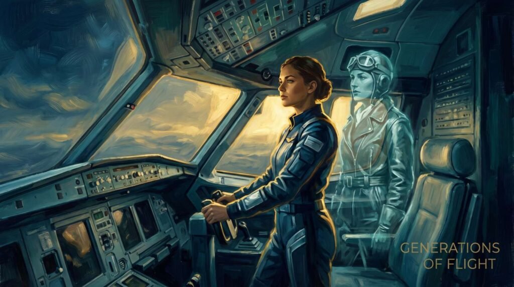 Pilota moderna em um cockpit de avião com a silhueta translúcida de Amelia Earhart ao fundo simbolizando seu legado.