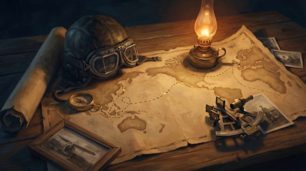 Capacete de aviador vintage de couro sobre um mapa-múndi antigo iluminado por uma lamparina de óleo em uma mesa de madeira.