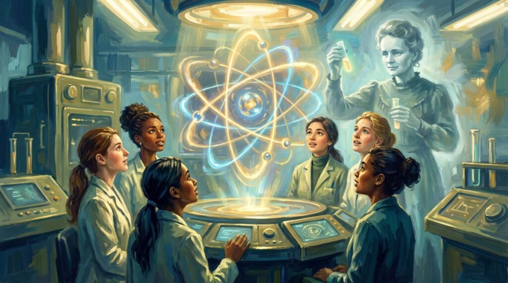 Pintura a óleo digital de jovens cientistas modernas em um laboratório avançado, com a silhueta inspiradora de Marie Curie observando ao fundo.