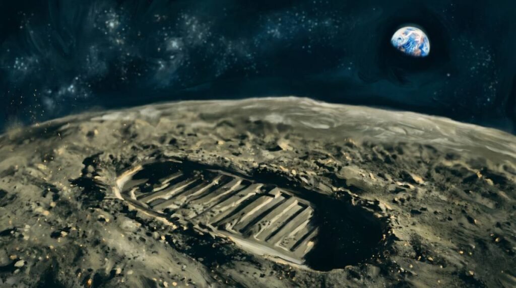 Ilustração em close-up extremo de uma pegada de bota de astronauta perfeitamente preservada no solo cinzento da Lua.