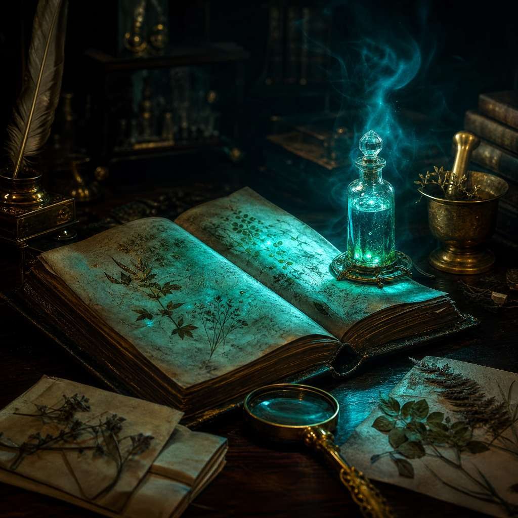 Antigo caderno de anotações científicas iluminado pelo brilho azul-esverdeado de um frasco de vidro em uma mesa de madeira escura, representando os estudos de Marie Curie sobre radioatividade.