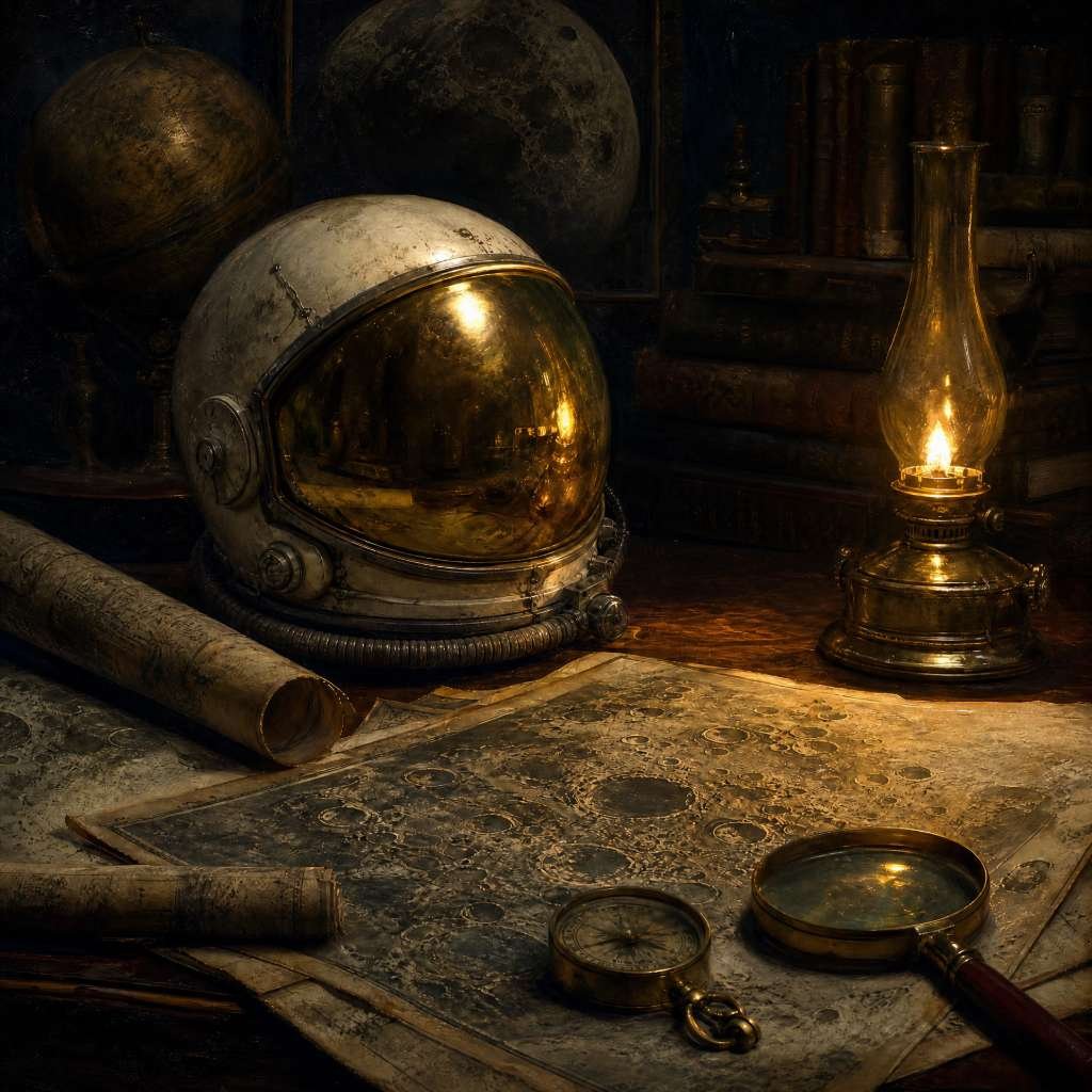 Capacete de astronauta vintage com visor dourado repousando sobre mapas lunares iluminados por uma lamparina antiga.
