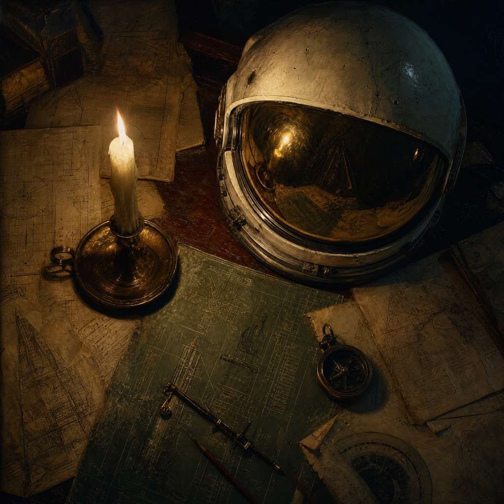 Capacete de astronauta vintage sobre mesa de madeira escura com projetos de engenharia aeroespacial e uma vela acesa.