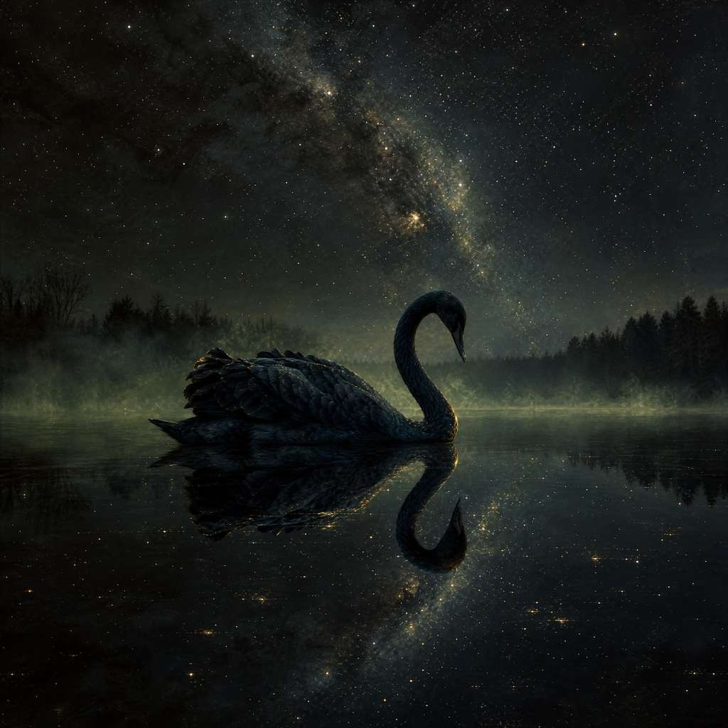 Pintura a óleo digital de um majestoso cisne negro deslizando sobre águas escuras e geladas sob um céu estrelado, simbolizando eventos altamente improváveis, gestão de riscos e a ilusão de controle.