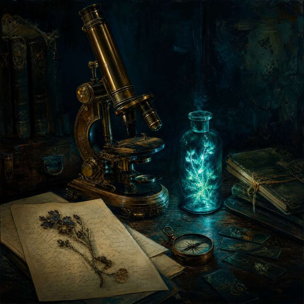 Microscópio antigo de latão ao lado de cartas manuscritas e um frasco de vidro emitindo luz radioativa azul-esverdeada sobre uma mesa de madeira.
