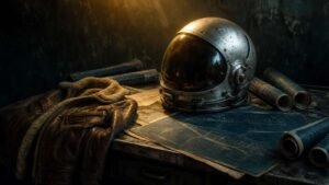 Banner do livro Os Eleitos, mostrando um capacete de astronauta vintage sobre plantas de foguetes.