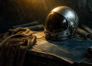 Banner do livro Os Eleitos, mostrando um capacete de astronauta vintage sobre plantas de foguetes.