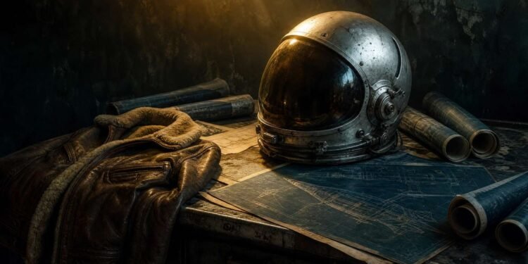 Banner do livro Os Eleitos, mostrando um capacete de astronauta vintage sobre plantas de foguetes.
