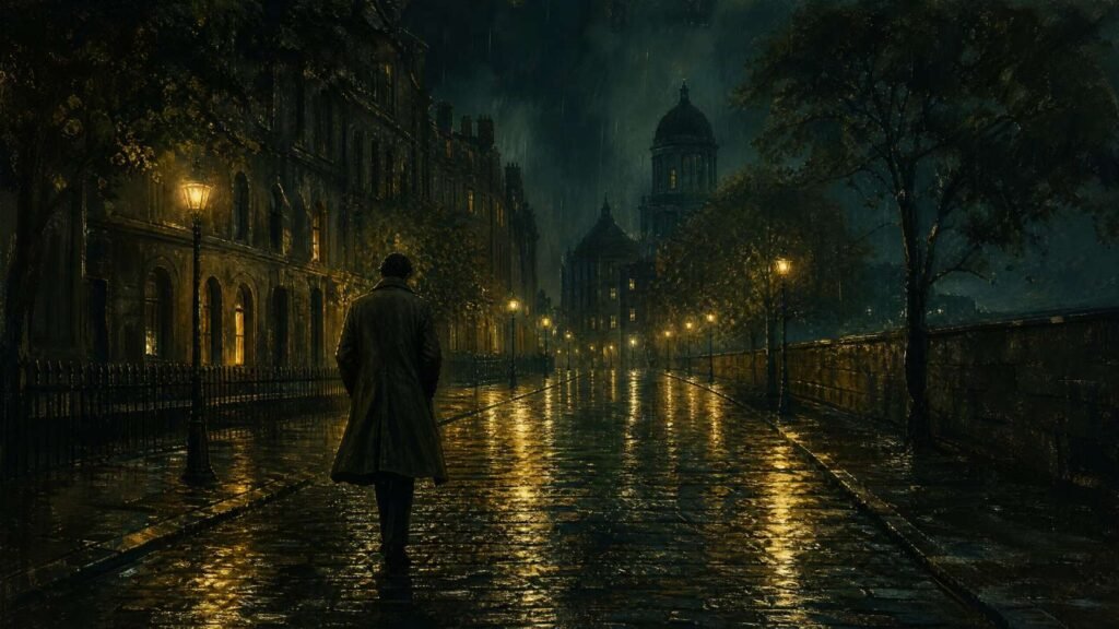 Ruas de Dublin sob chuva intensa nos anos 1980, evocando o contexto da epidemia de heroína que inspirou a letra de Bad do U2.