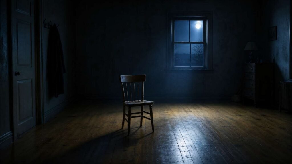 Quarto vazio com uma cadeira solitária sob luz fria, representando o esvaziamento progressivo da vida do dependente químico descrito em Bad do U2.