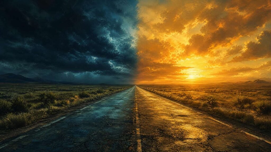 Estrada deserta ao amanhecer com um lado ainda coberto por tempestade escura e o outro banhado por luz dourada, representando o limiar entre a impotência e a transcendência em Bad do U2.