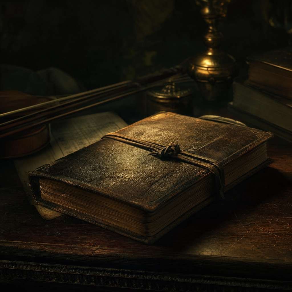 Livro de couro envelhecido sobre uma mesa de madeira escura sob luz dramática, representando a busca pelo significado bad u2 através das memórias de Bono.