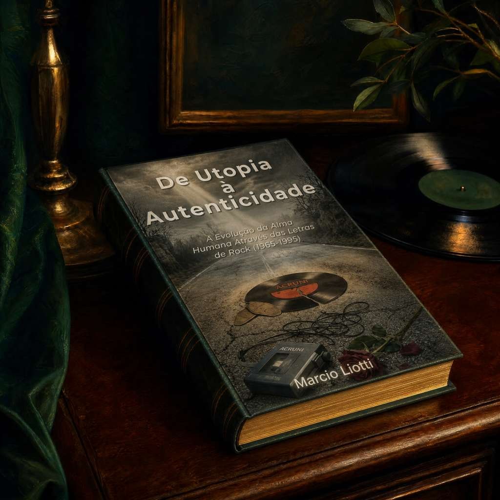 Edição do livro De Utopia à Autenticidade de Marcio Liotti, selo ACRUNI Originals, ao lado de um disco de vinil. A obra explora a evolução da alma humana e o significado bad u2.