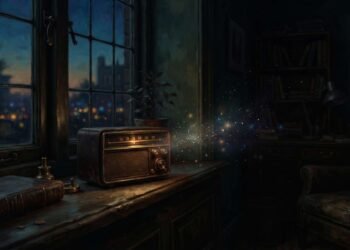 Rádio transistor vintage brilhando fracamente sobre um parapeito ao entardecer, simbolizando uma frequência que tenta alcançar alguém distante.