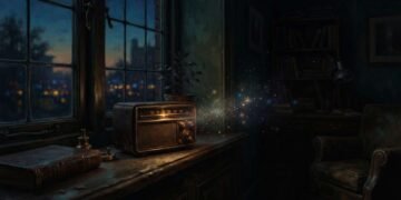 Rádio transistor vintage brilhando fracamente sobre um parapeito ao entardecer, simbolizando uma frequência que tenta alcançar alguém distante.