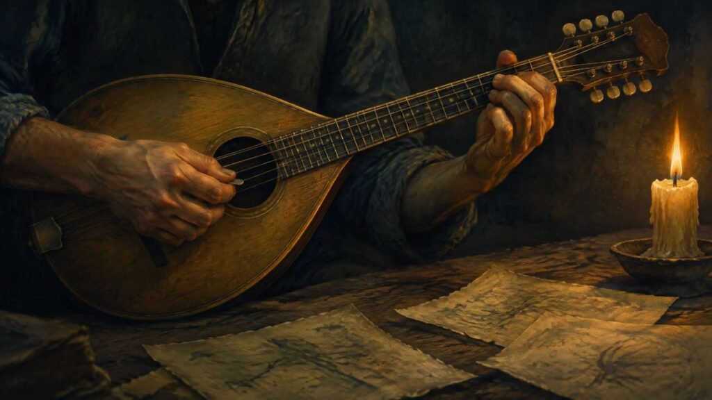 Close-up de mãos tocando um bandolim vintage à luz de vela, com partituras manuscritas espalhadas ao redor — evocando o processo de composição de "Losing My Religion" do R.E.M.