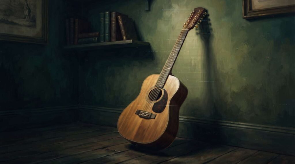 Violão de 12 cordas parcialmente iluminado como se filtrado por interferência de rádio, representando a comunicação fragmentada da canção dentro do significado wish you were here.