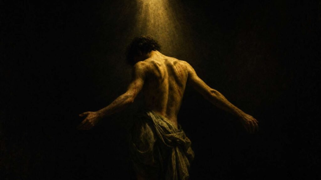 Tableau vivant inspirado na técnica chiaroscuro de Caravaggio: figura iluminada por um único feixe de luz dourada contra fundo completamente negro, em pose de vulnerabilidade e rendição.