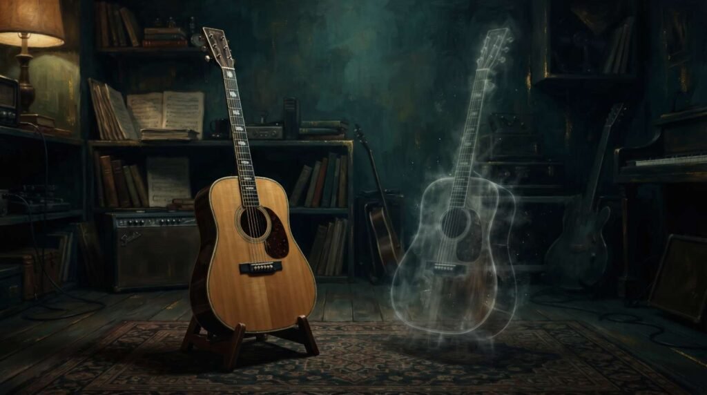 Duas guitarras em um estúdio escuro, uma nítida e outra translúcida, representando duas consciências tentando tocar a mesma música.